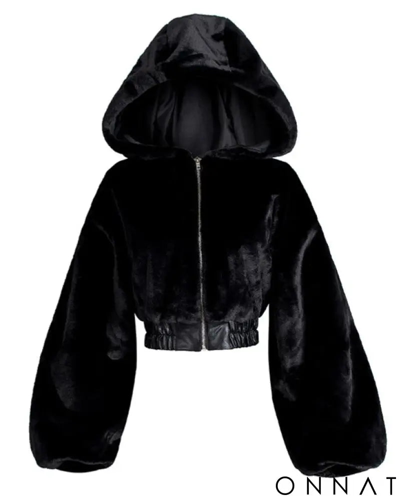Black Hooded Faux Fox Fur Bomber Jacket Black / S