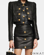 Black Leather Cropped Gold Button Jacket