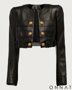 Black Leather Cropped Gold Button Jacket
