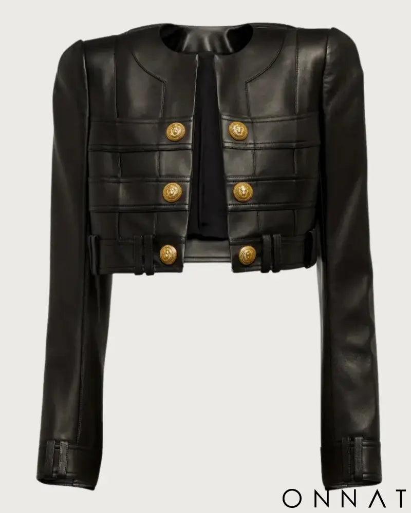 Black Leather Cropped Gold Button Jacket