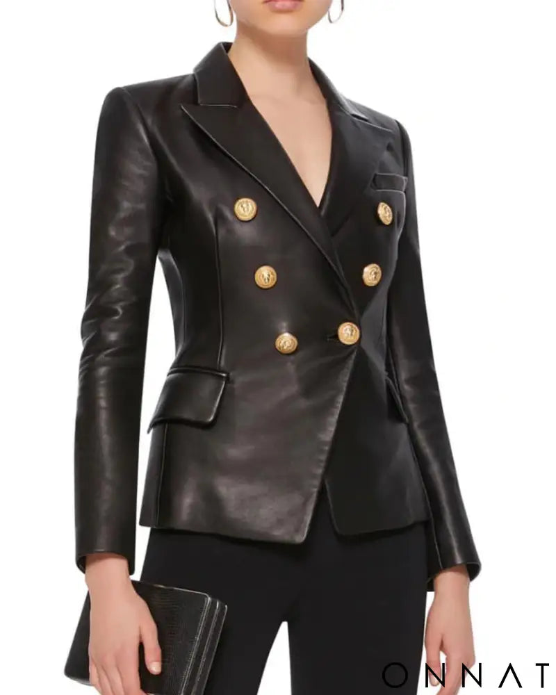 Black Leather Double Breasted Gold Button Blazer