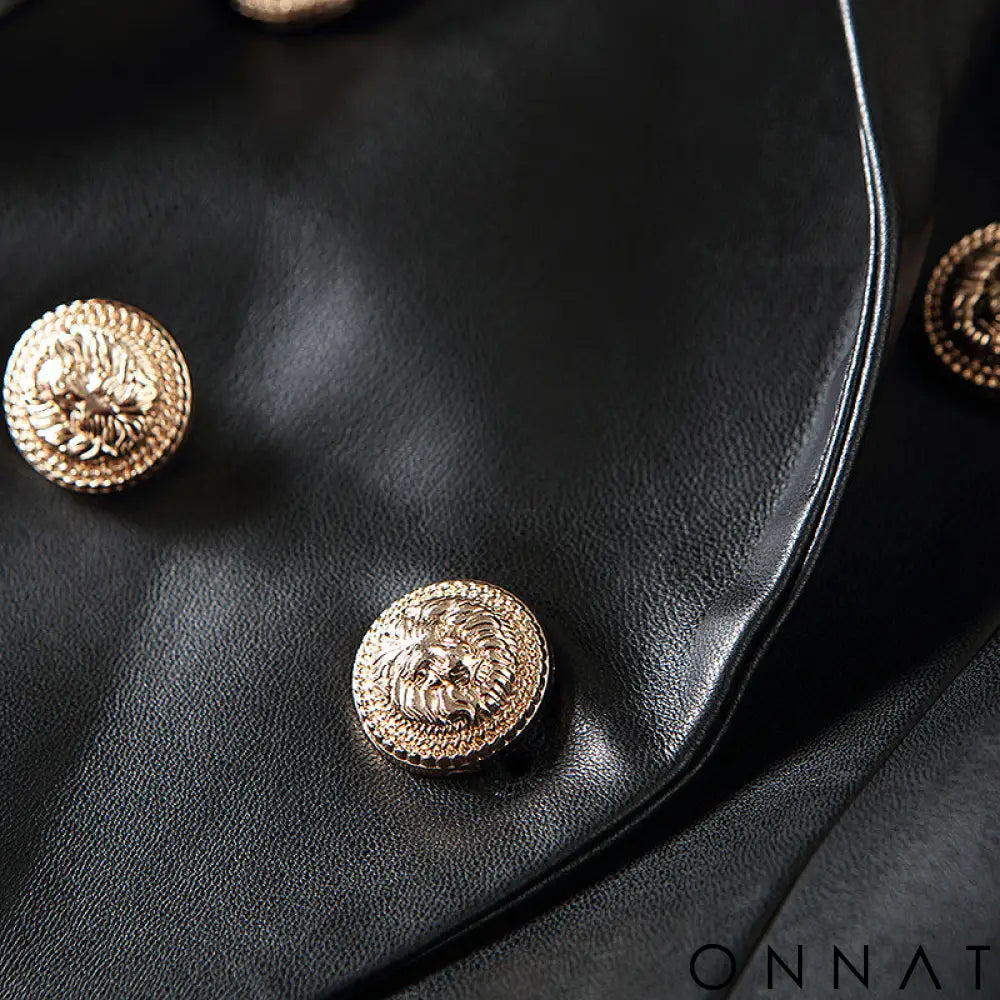 Black Leather Double Breasted Gold Button Blazer