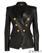 Black Leather Double Breasted Gold Button Blazer