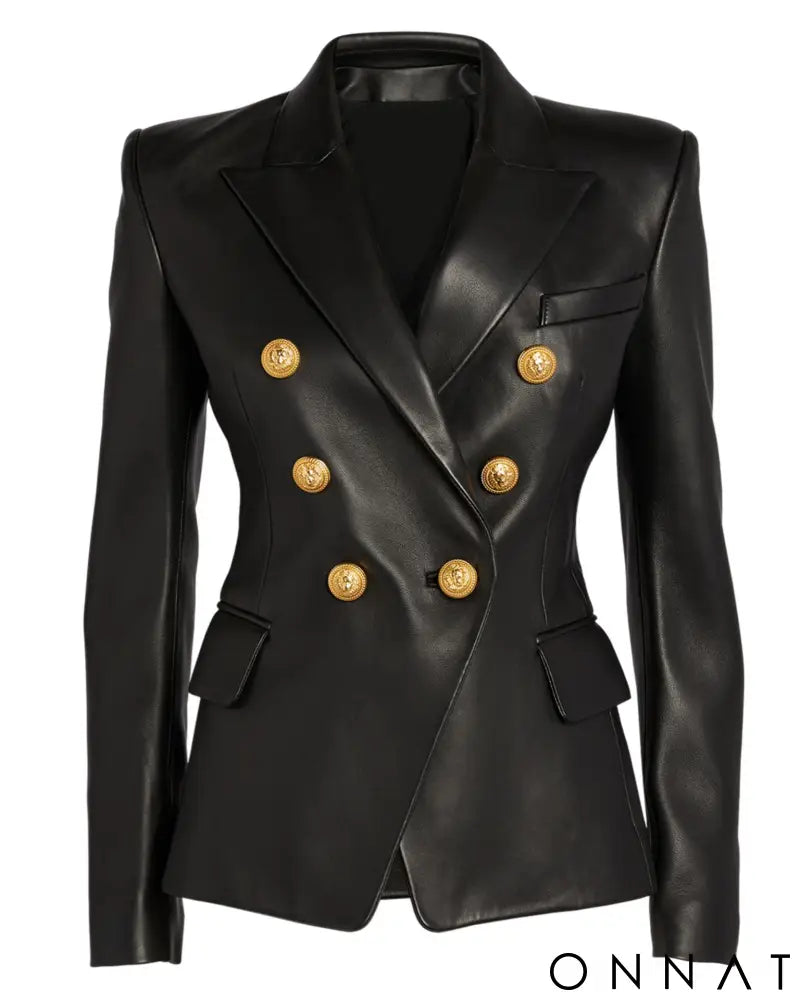 Black Leather Double Breasted Gold Button Blazer
