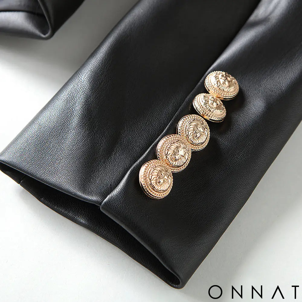Black Leather Double Breasted Gold Button Blazer