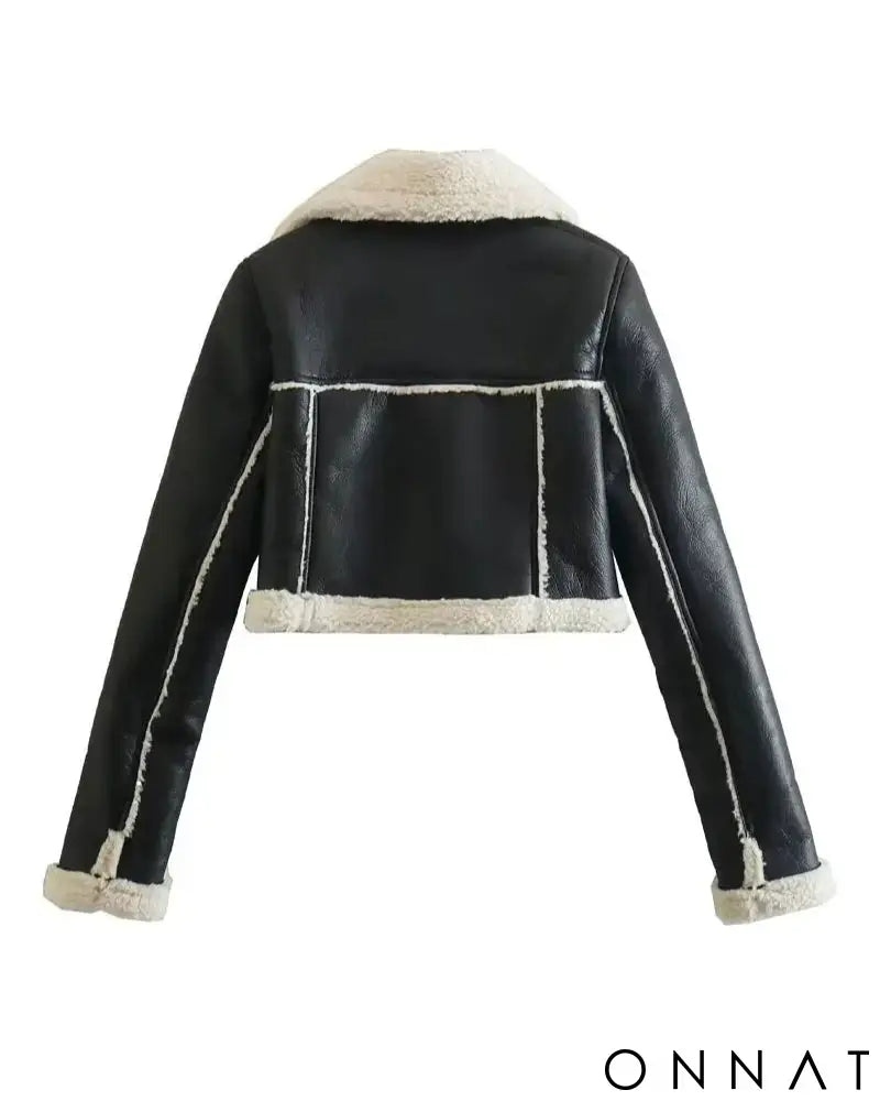Black Leather Faux Shearling Lambskin Jacket