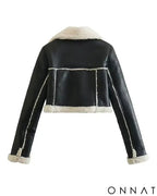 Black Leather Faux Shearling Lambskin Jacket