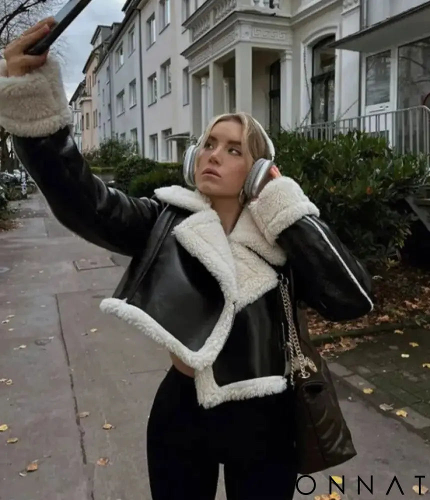 Black Leather Faux Shearling Lambskin Jacket