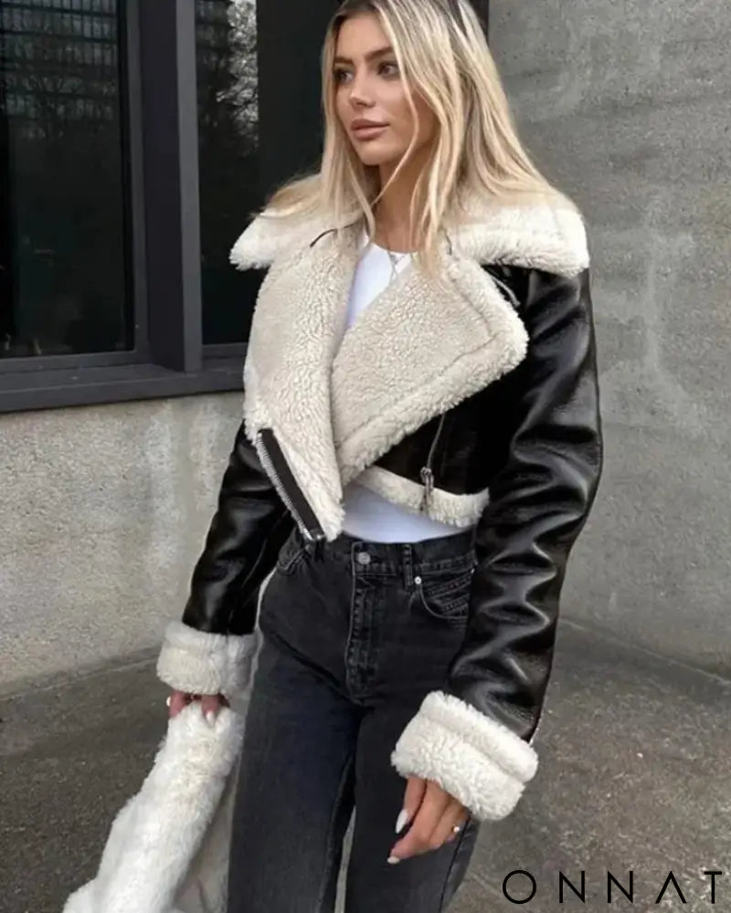 Black Leather Faux Shearling Lambskin Jacket