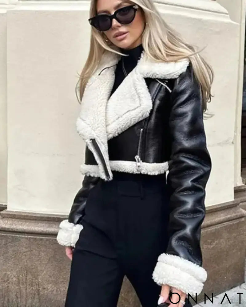 Black Leather Faux Shearling Lambskin Jacket