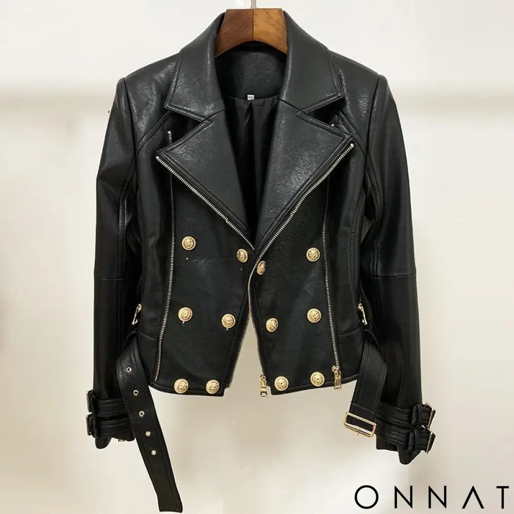 Black Leather Gold Button Biker Jacket