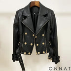 Black Leather Gold Button Biker Jacket