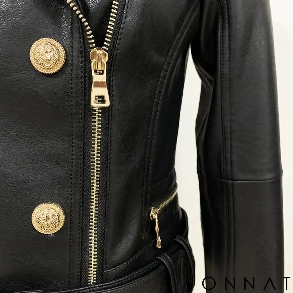 Black Leather Gold Button Biker Jacket