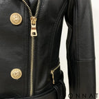 Black Leather Gold Button Biker Jacket