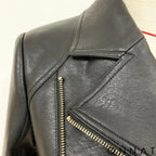 Black Leather Gold Button Biker Jacket