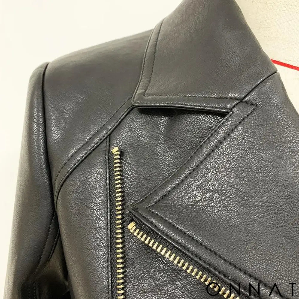 Black Leather Gold Button Biker Jacket