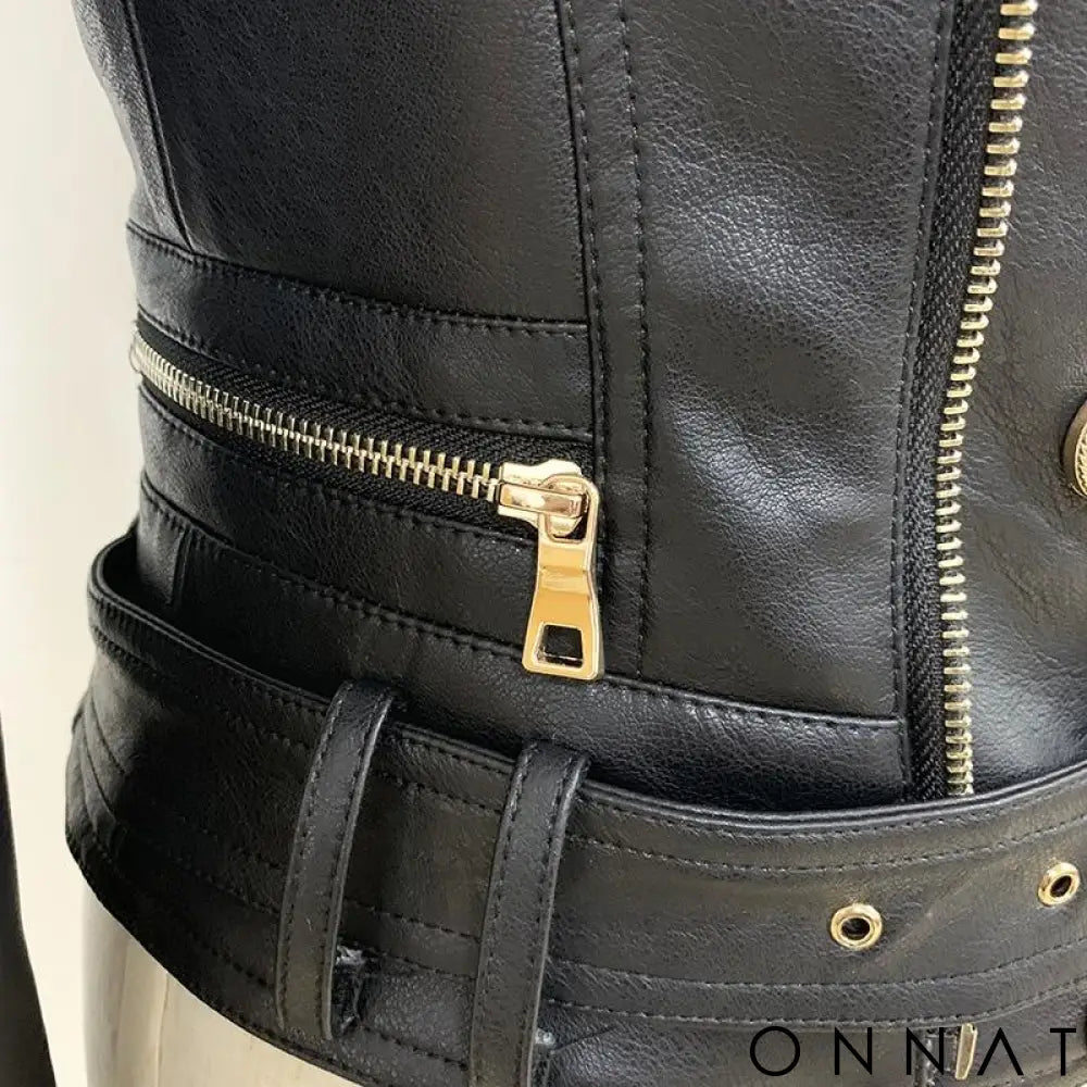Black Leather Gold Button Biker Jacket