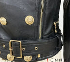 Black Leather Gold Button Biker Jacket