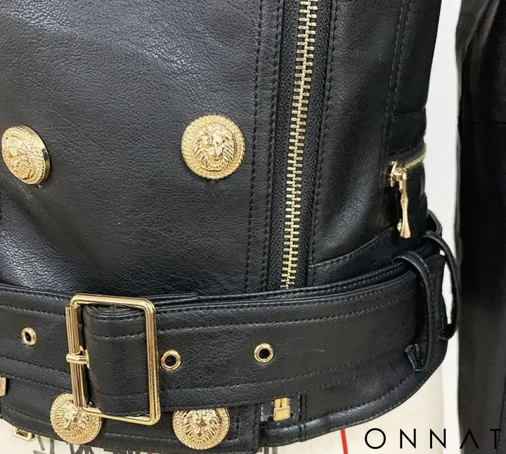 Black Leather Gold Button Biker Jacket