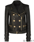 Black Leather Gold Button Biker Jacket