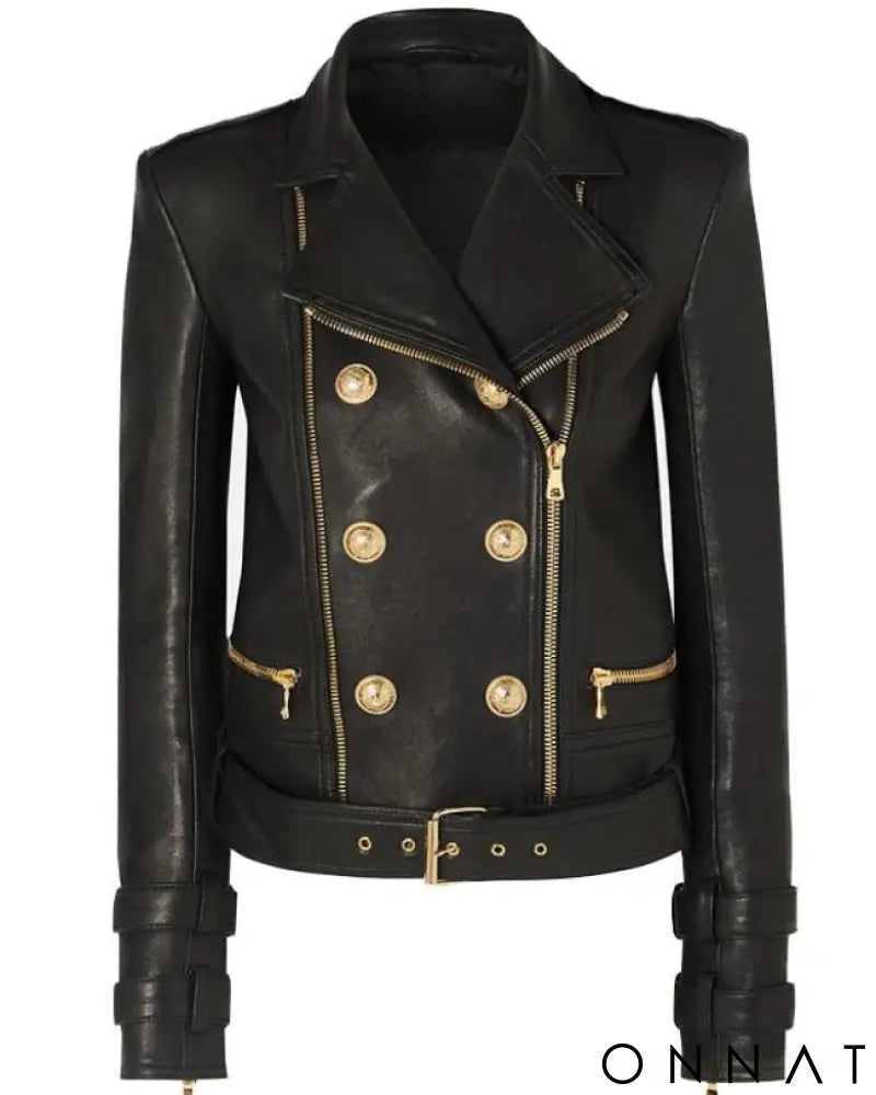 Black Leather Gold Button Biker Jacket