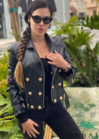 Black Leather Gold Button Biker Jacket