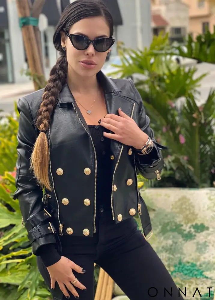 Black Leather Gold Button Biker Jacket