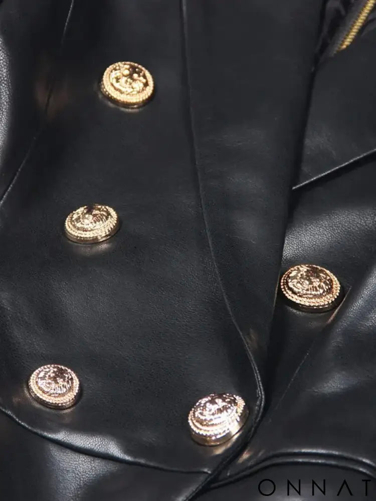 Black Leather Gold Button Blazer Dress