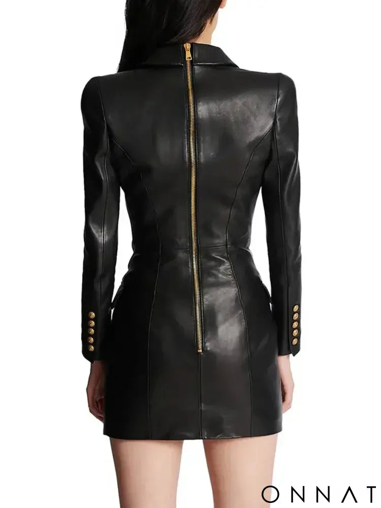 Black Leather Gold Button Blazer Dress