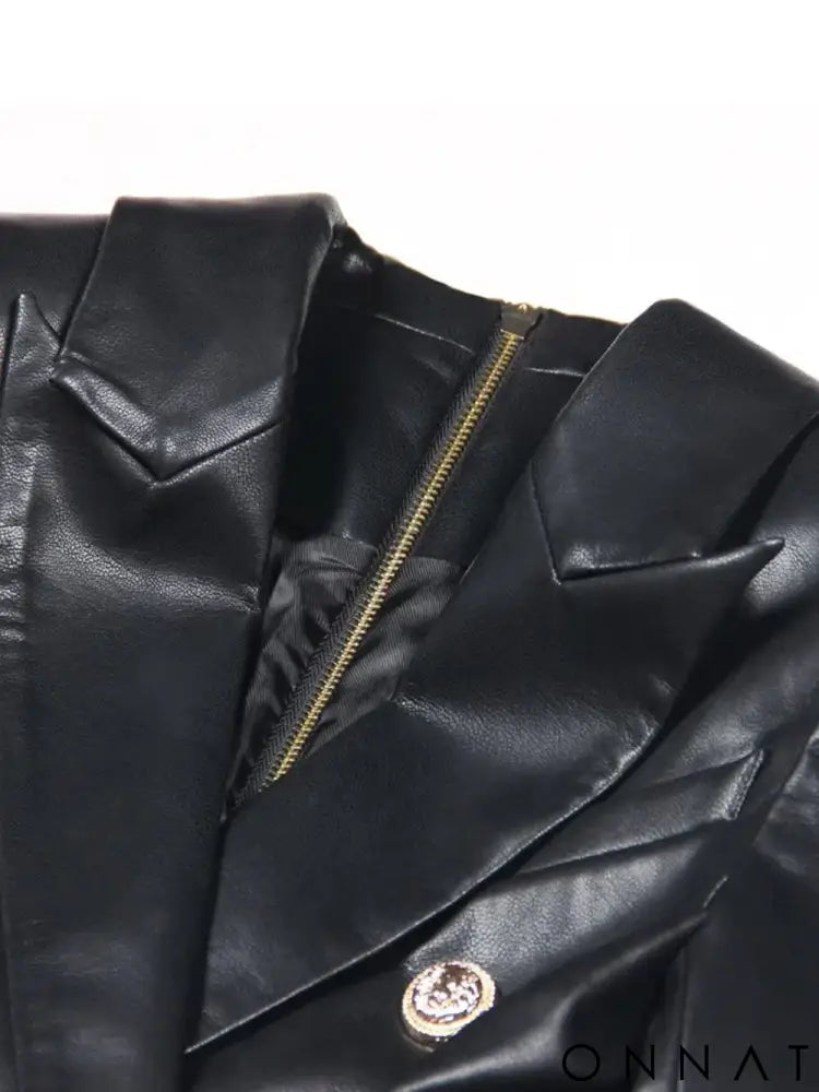 Black Leather Gold Button Blazer Dress