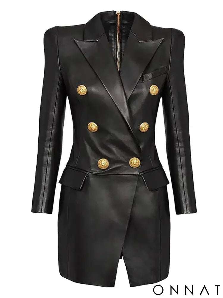 Black Leather Gold Button Blazer Dress