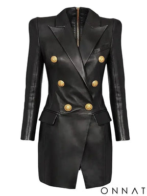 Black Leather Gold Button Blazer Dress