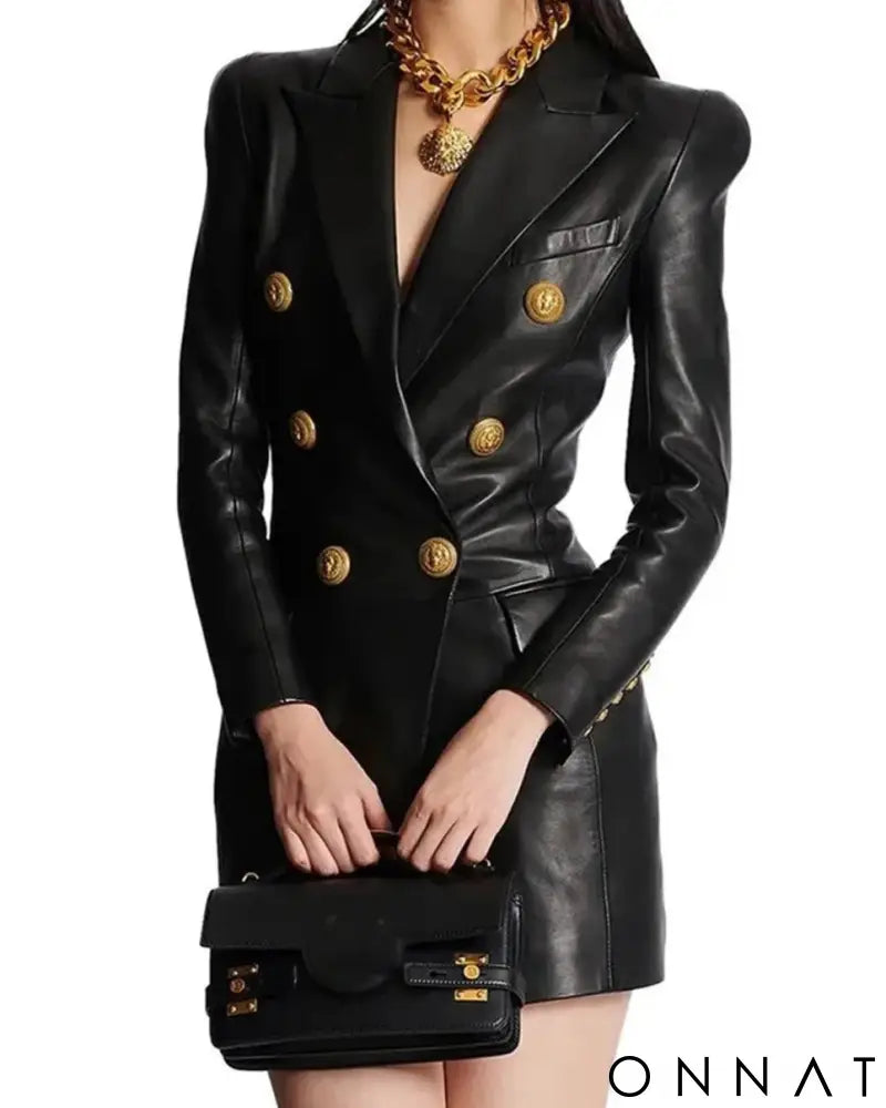 Black Leather Gold Button Blazer Dress Black / S