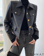 Black Leather Gold Button Jacket