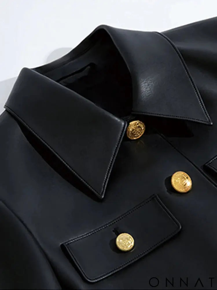 Black Leather Gold Button Jacket