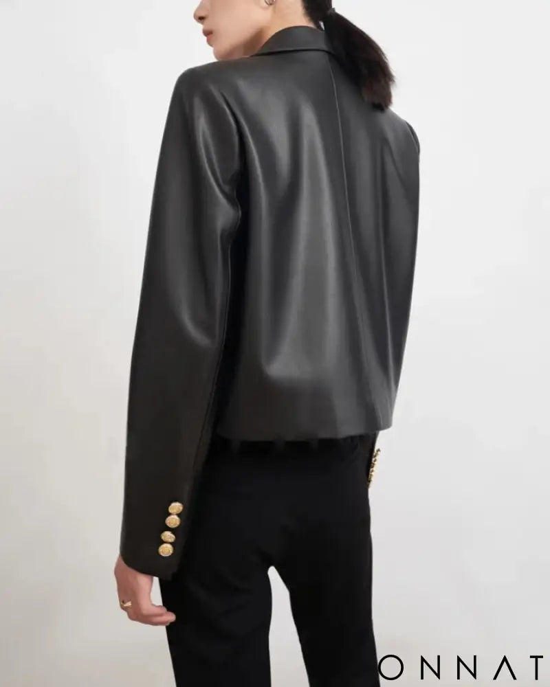Black Leather Gold Button Jacket