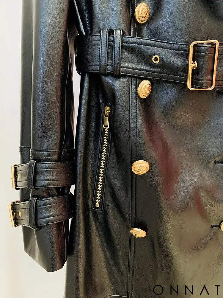 Black Leather Gold Button Trench Coat