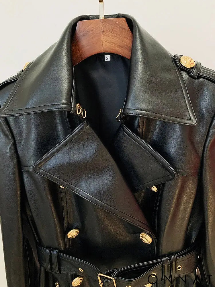 Black Leather Gold Button Trench Coat