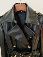 Black Leather Gold Button Trench Coat