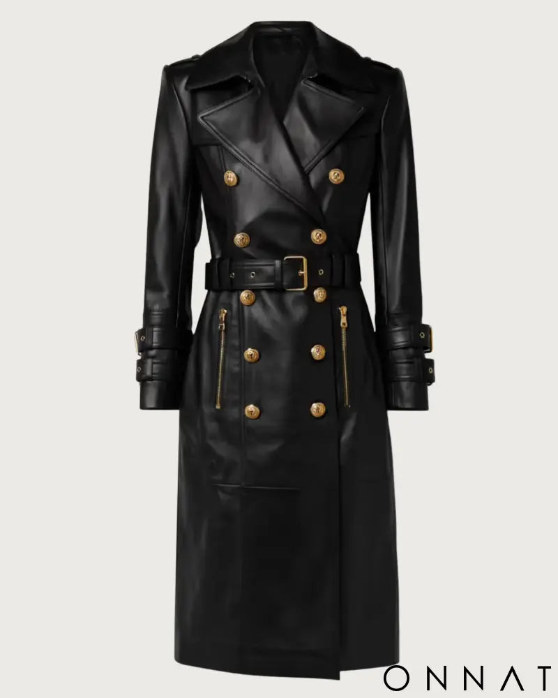 Black Leather Gold Button Trench Coat