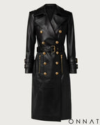 Black Leather Gold Button Trench Coat