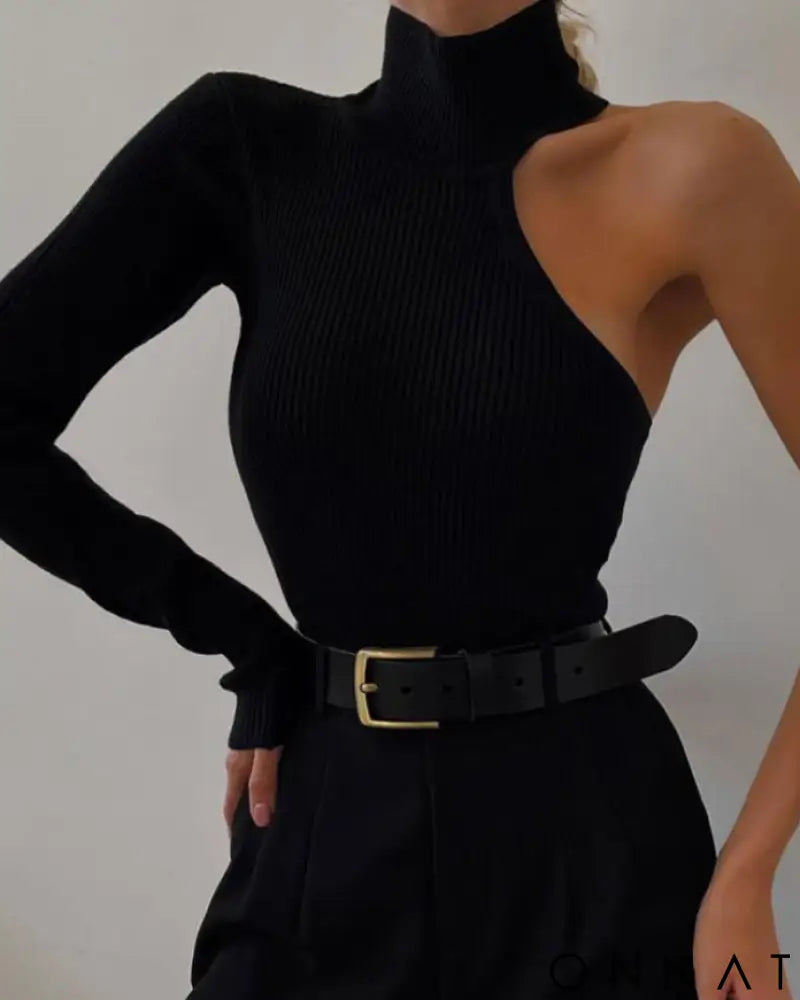 Black One Shoulder Turtleneck Bodysuit Tops