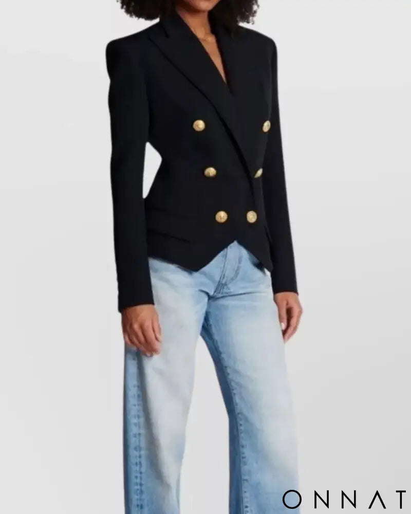 Black Peak Lapel Double Breasted Gold Button Blazer