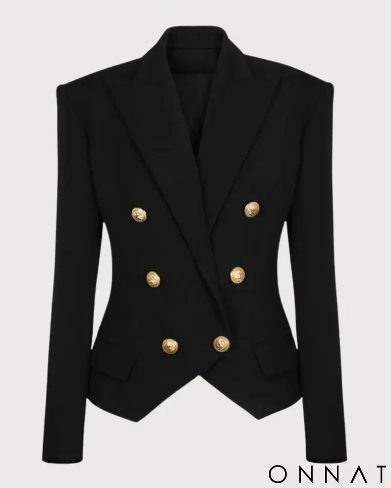 Black Peak Lapel Double Breasted Gold Button Blazer Black / S