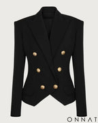 Black Peak Lapel Double Breasted Gold Button Blazer Black / S