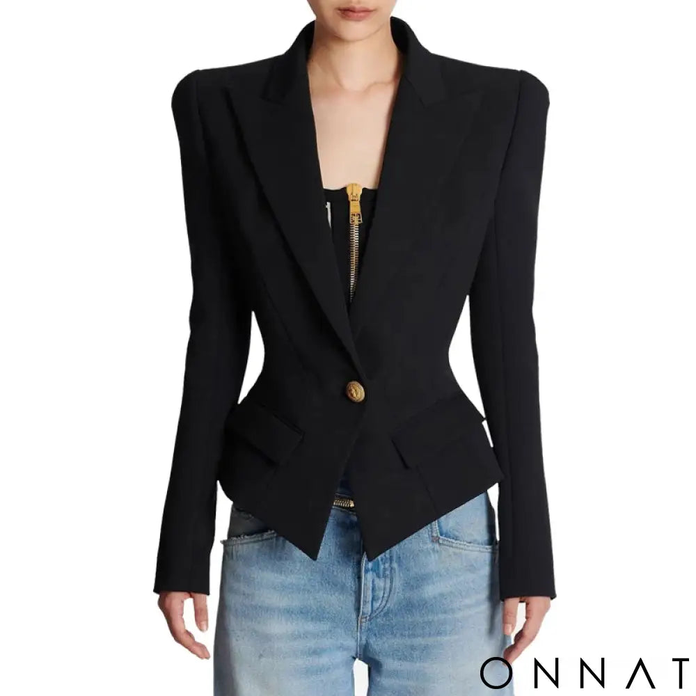 Black Peak Lapel Gold Button Blazer