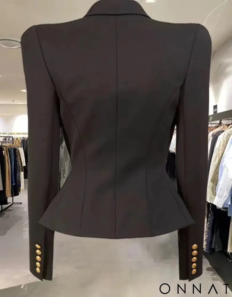 Black Peak Lapel Gold Button Blazer