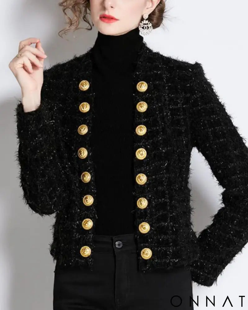 Black Ribbed Tweed Gold Button Jacket