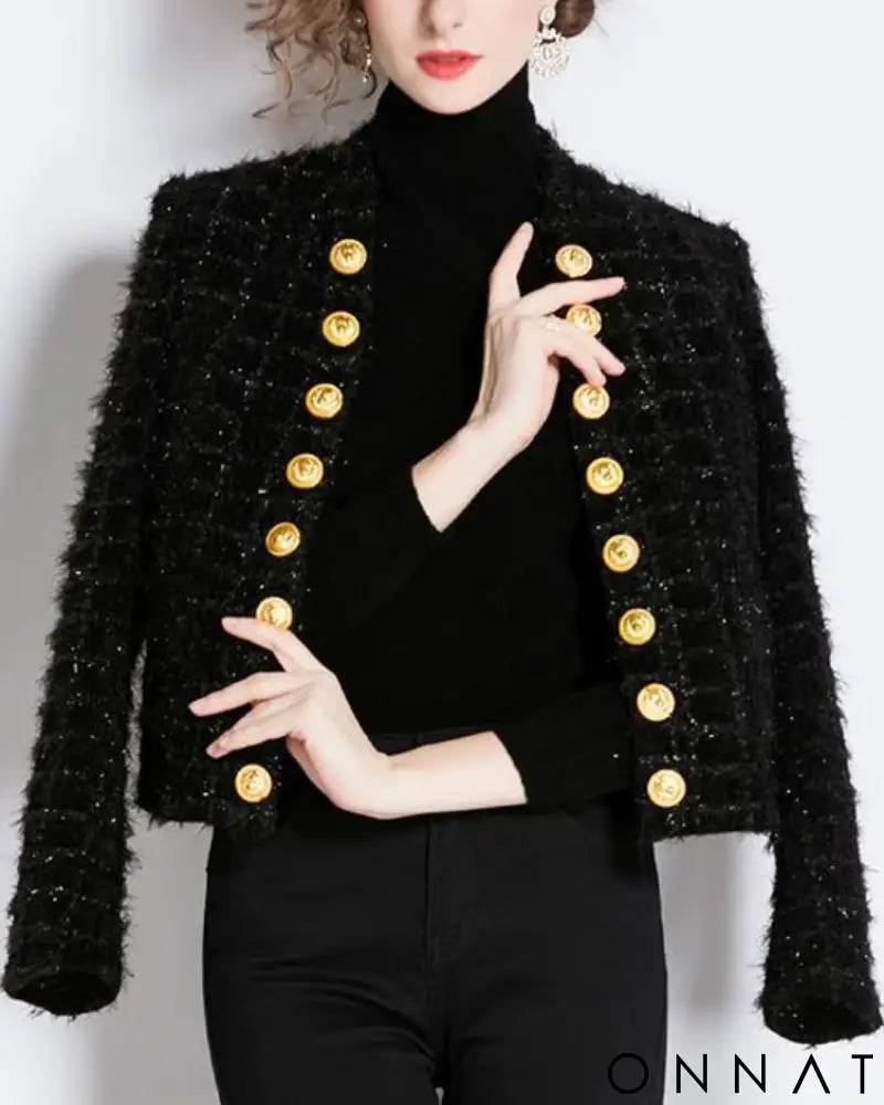 Black Ribbed Tweed Gold Button Jacket S