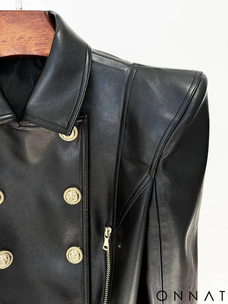Black Runway Leather Gold Button Moto Jacket